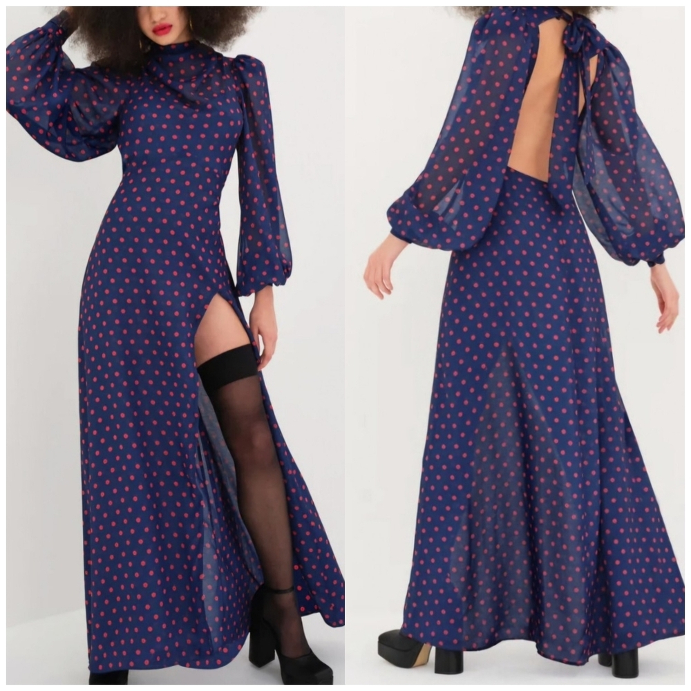 NWT For Love And Lemons Mavis Maxi Dress With Navy and Red Polka Dots